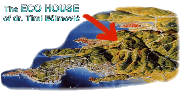 Illustrated aerial view of the Slovenian coast; a red arrow marks the Eco House of Dr. Timi Ećimović in the hills above the sea