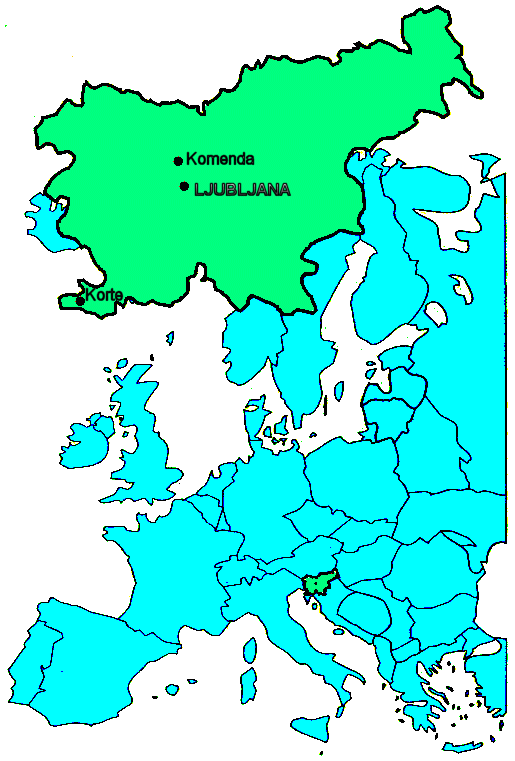 Map of Europe with Slovenia highlighted, and an enlarged map of Slovenia marking Ljubljana, Komenda and Korte