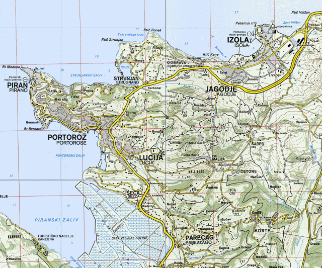 Road map of the Slovenian coast around Piran, Portorož, Izola, Lucija and Korte
